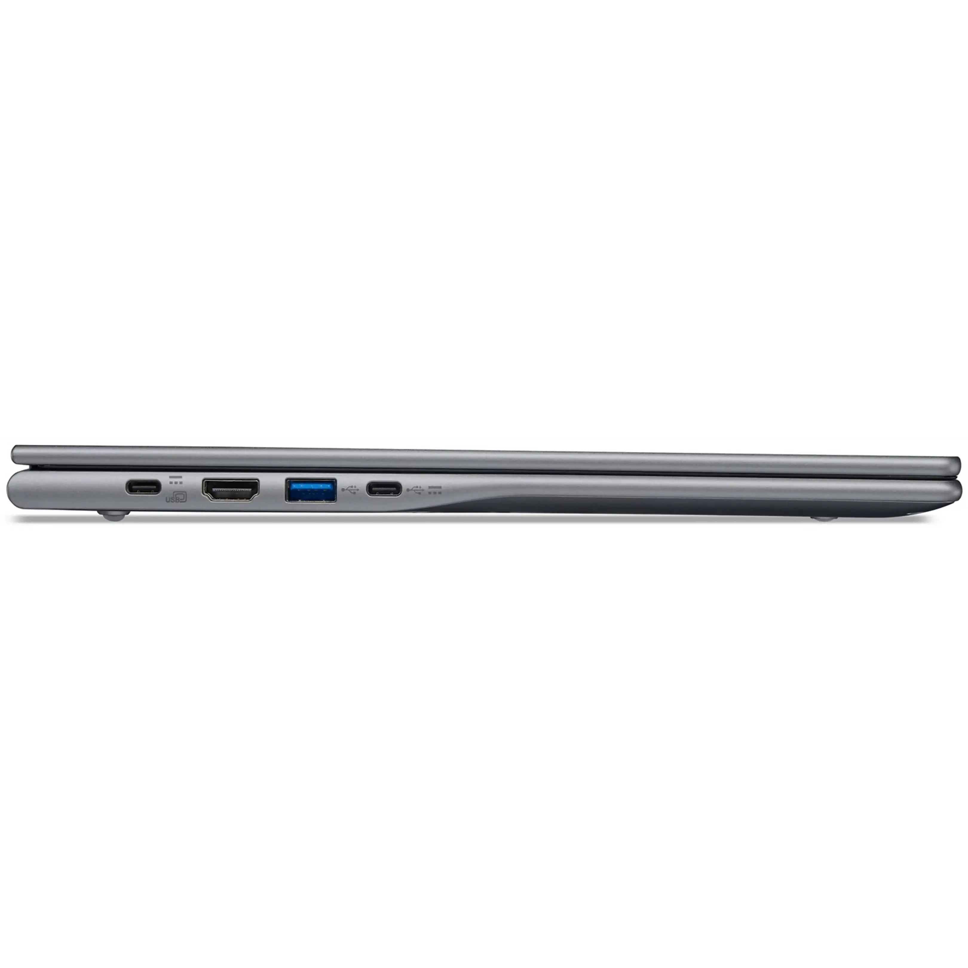 Vista laterale di un laptop grigio chiuso che mostra porte tra cui USB-C, HDMI e USB-A su sfondo nero.