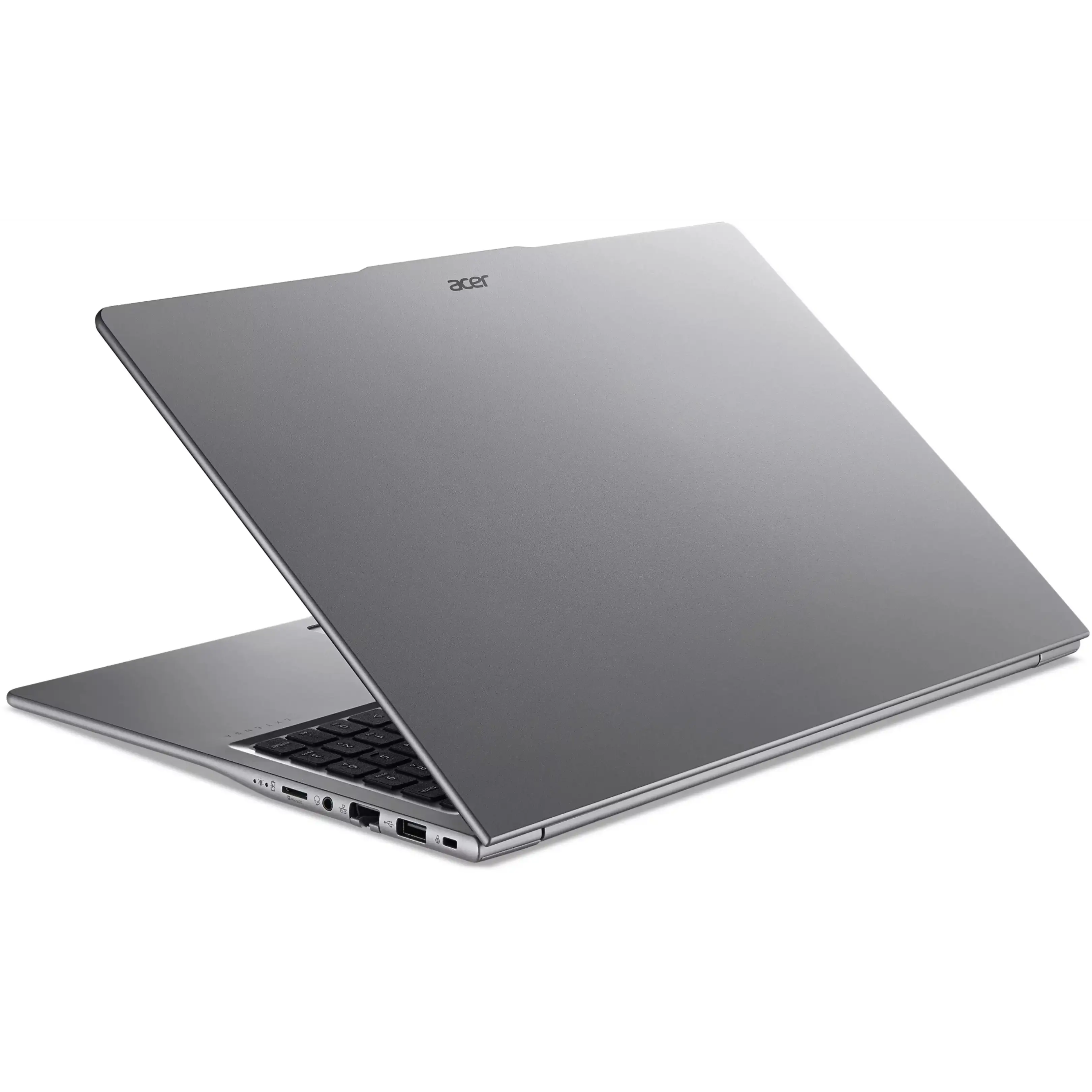 Un computer portatile Acer grigio si trova su una superficie bianca; lo schermo chiuso mostra il logo Acer.