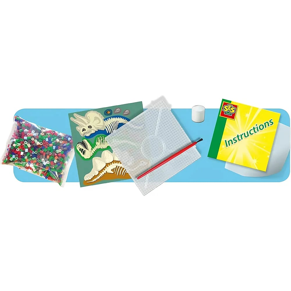 Bastelset mit bunten Perlen, Dinosaurierbild, Steckplatte, Pinsel, kleinem Behälter und Anleitung.