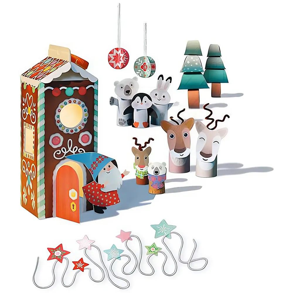 Scena natalizia in carta con casa di pan di zenzero, gnomo, animali, alberi e ghirlanda.