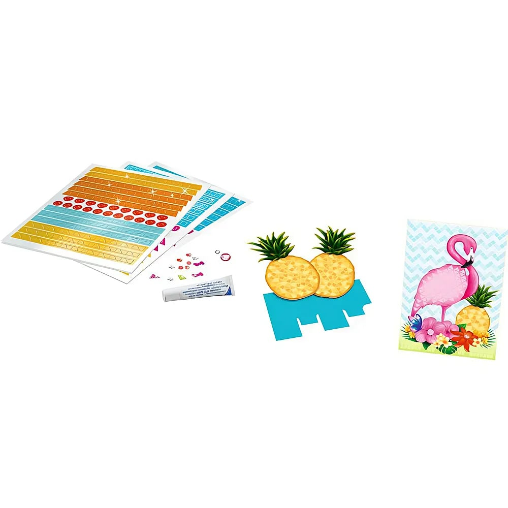 Set creativo con adesivi, colla, ananas ritagliati e una carta con fenicottero.