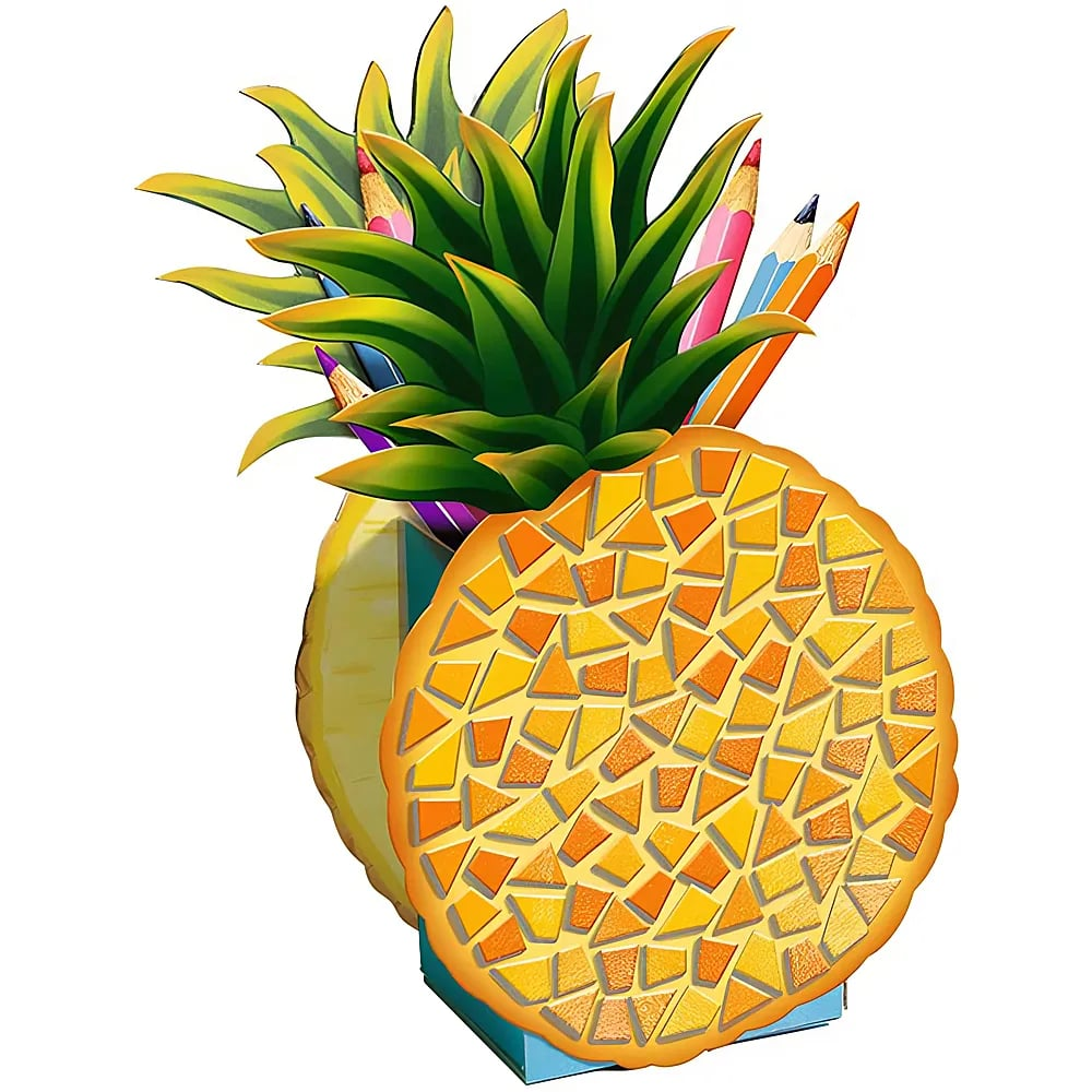 Un portapenne ad ananas pieno di matite colorate e un motivo a mosaico sul davanti.