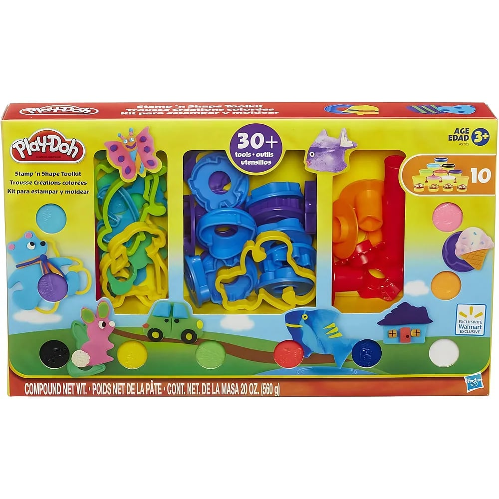 Caja del kit Play-Doh Stamp 'n Shape con más de 30 herramientas, cortadores y botes de plastilina de colores.