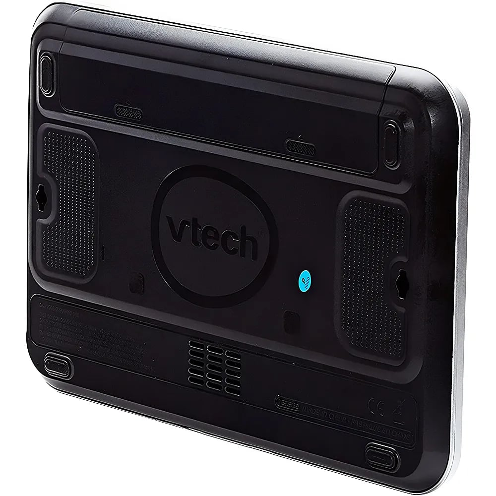 Rückansicht eines schwarzen Vtech Tablets mit Lautsprechern und Logo.