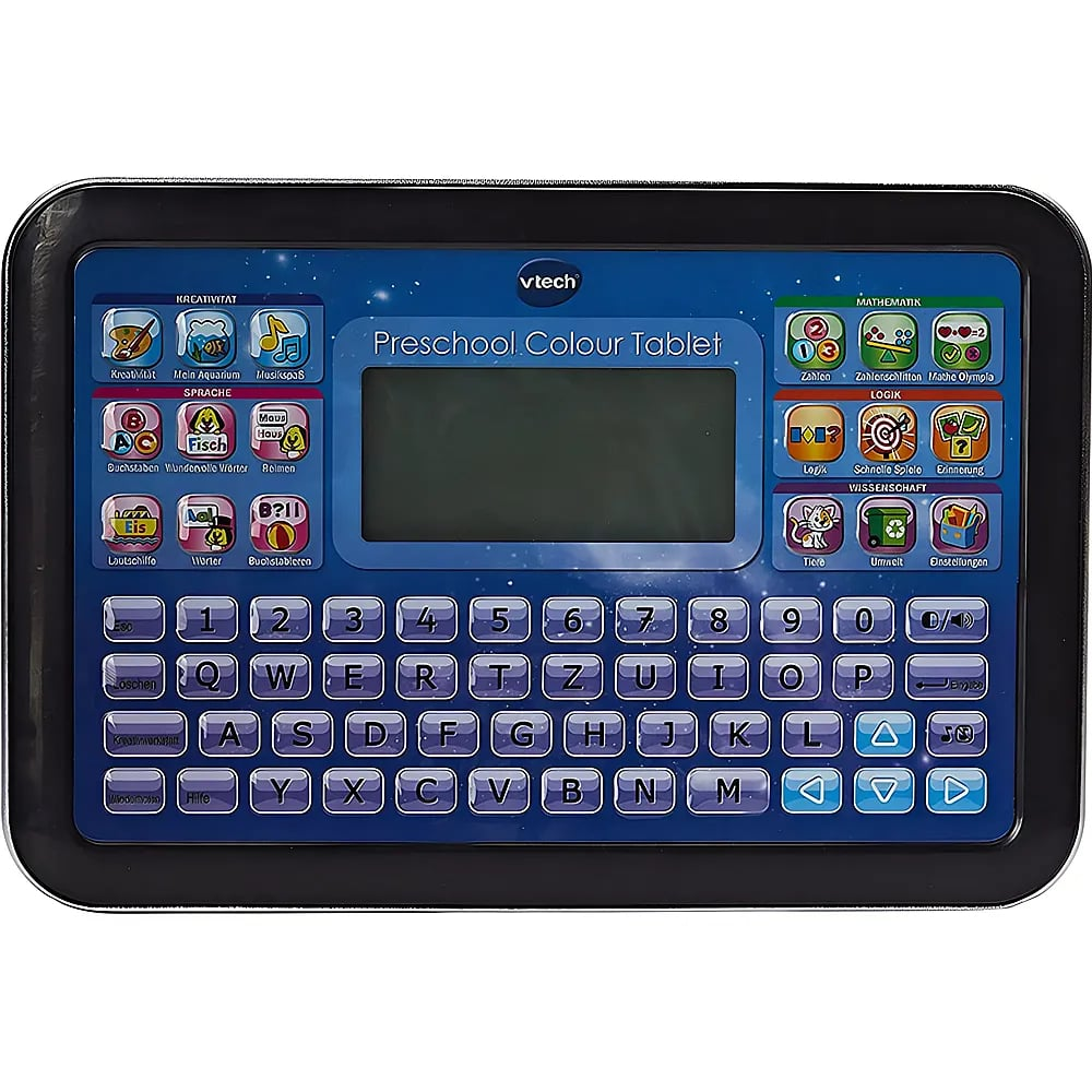 Blaues VTech Preschool Colour Tablet mit QWERTZ-Tastatur, Bildschirm und bunten Lerntasten.