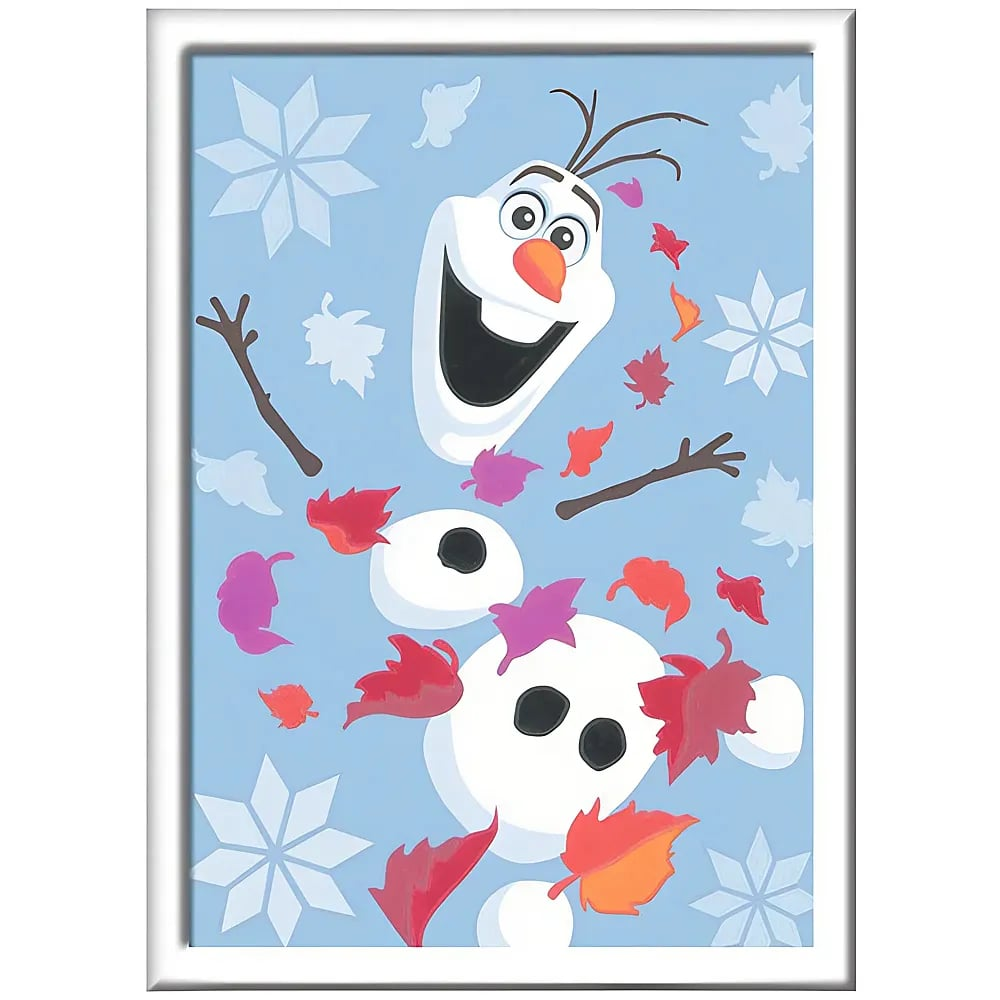 Olaf der Schneemann lacht, umgeben von bunten Herbstblättern und Schneeflocken.
