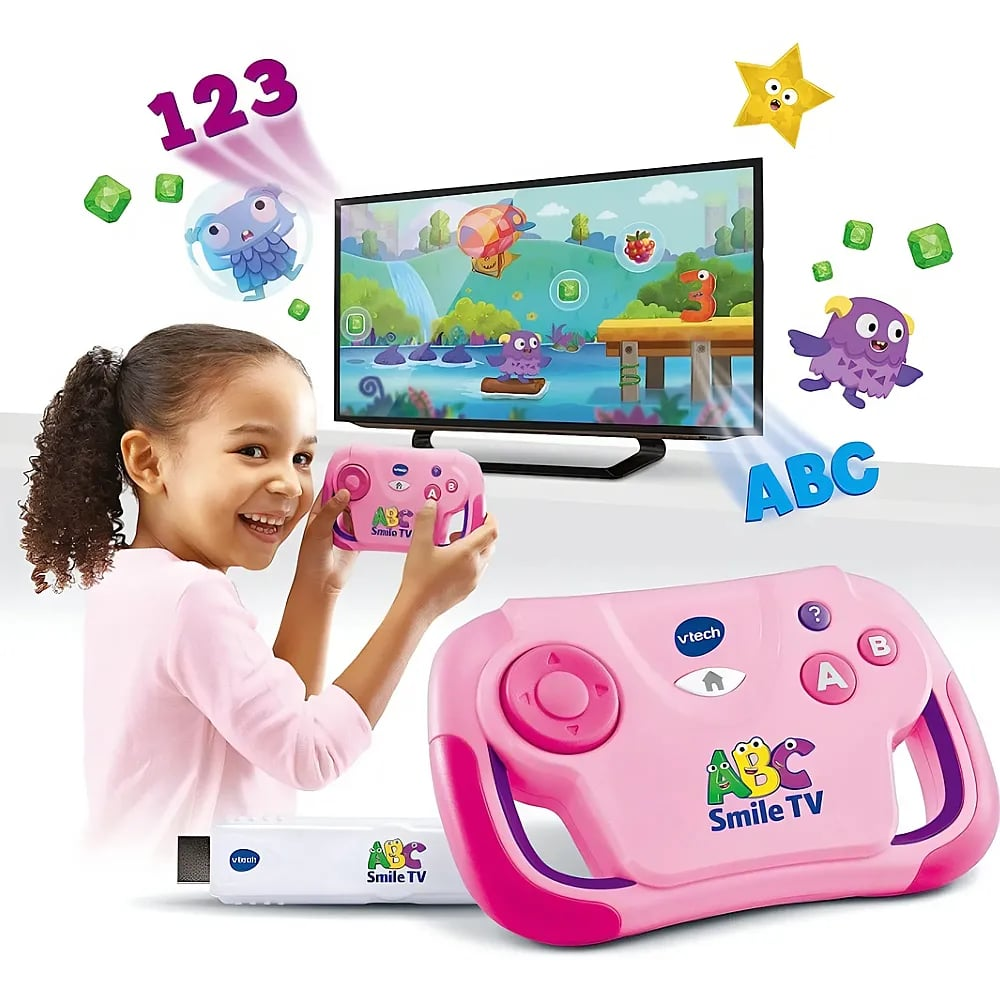 Ein lächelndes Mädchen hält einen rosa VTech Smile TV Controller, während im Hintergrund ein Bildschirm Lernspiele zeigt.