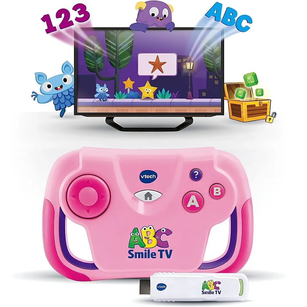 Rosa VTech ABC Smile TV-Konsole mit Controller, Fernseher mit Cartoon und USB-Stick.