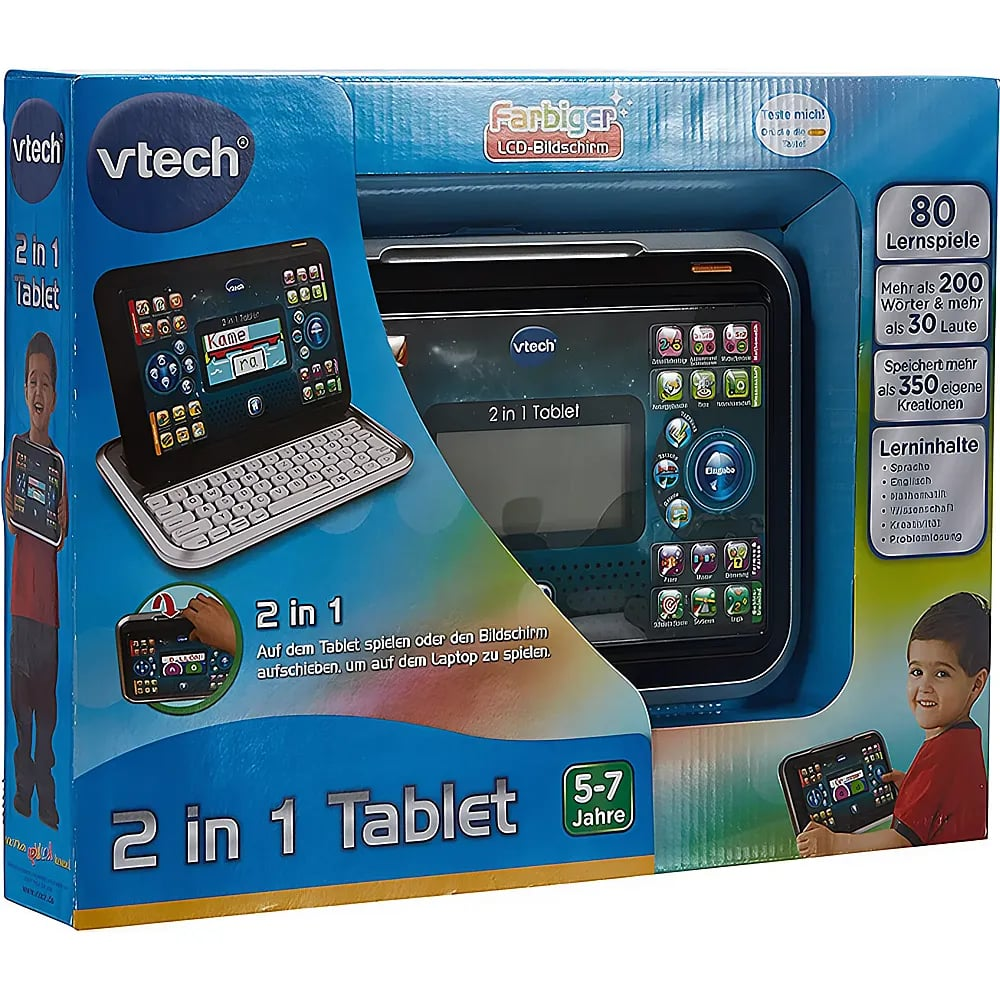 Blaue Vtech 2 in 1 Tablet Verpackung mit integriertem Laptop und Lernspielen für Kinder.