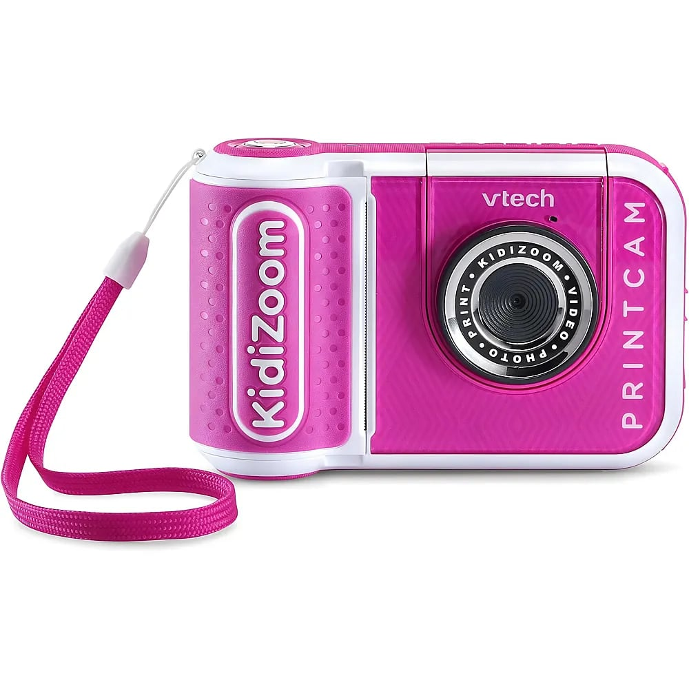 Une VTech KidiZoom PrintCam rose et blanche avec une dragonne rose assortie sur fond blanc.
