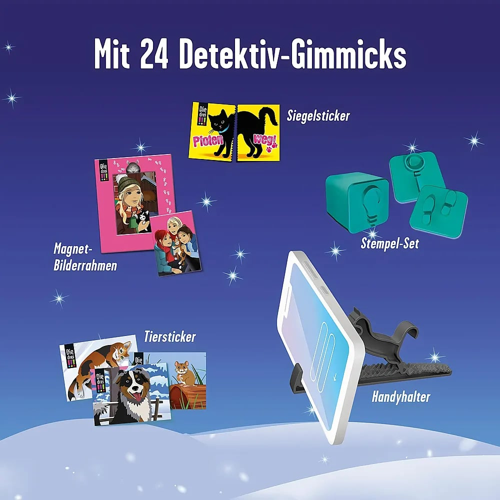 Eine blaue Szene mit Sternen zeigt Detektivgimmicks wie Siegelsticker, Magnetbilderrahmen, Stempel und Handyhalter.