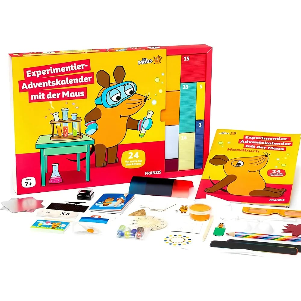 Ein gelber Adventskalender mit Experimenten, Handbuch und verschiedenen Zubehörteilen auf weißem Hintergrund.