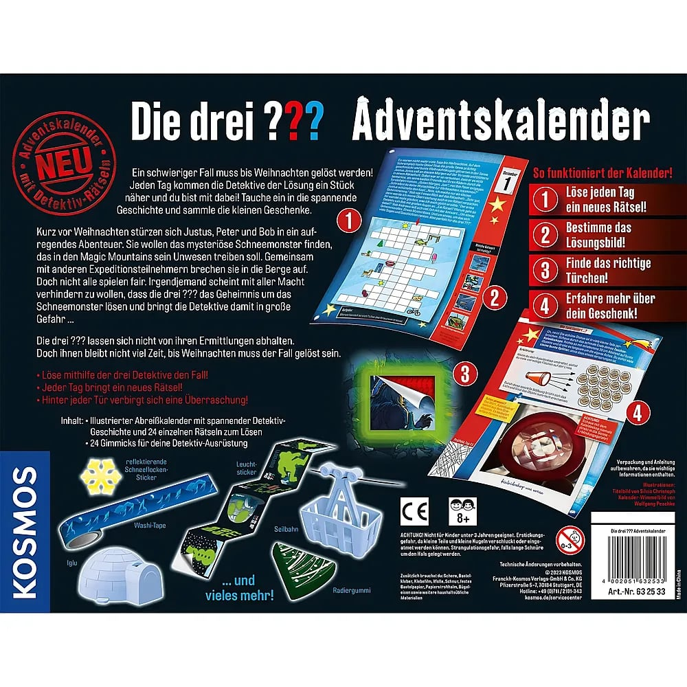 Rückseite des Die drei ??? Adventskalenders mit Text, Rätsel-Beispielen, Gadget-Vorschau und Spielanleitung.