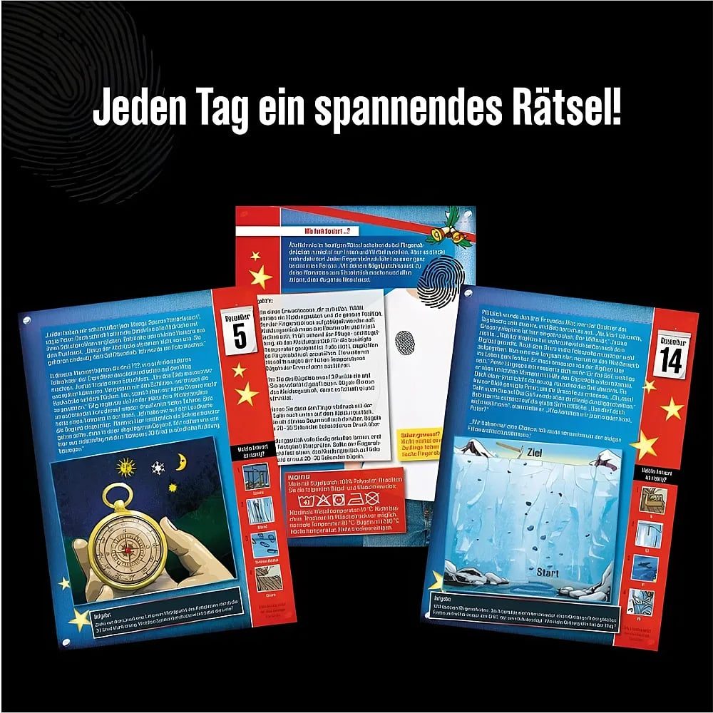 Verschiedene illustrierte Seiten mit Rätseln, Texten und Grafiken auf schwarzem Hintergrund mit der Aufschrift.