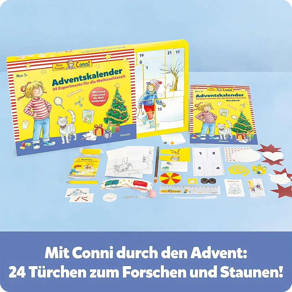 Conni Adventskalender mit Experimenten, Buch, Verpackung und verschiedenen kleinen Spiel- und Bastelsachen.