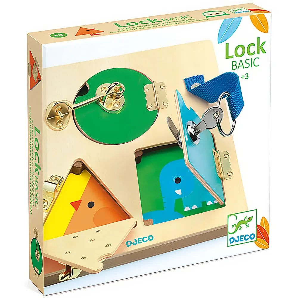 Jouet en bois Lock Basic de Djeco avec portes colorées, verrous et illustrations d'animaux dans sa boîte.