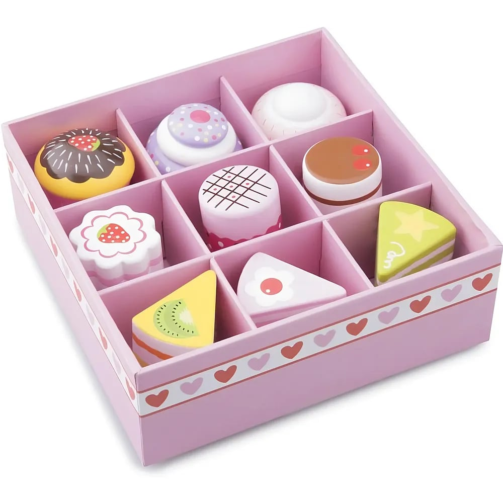 Une boîte à jouets rose remplie de divers petits gâteaux et desserts en bois.