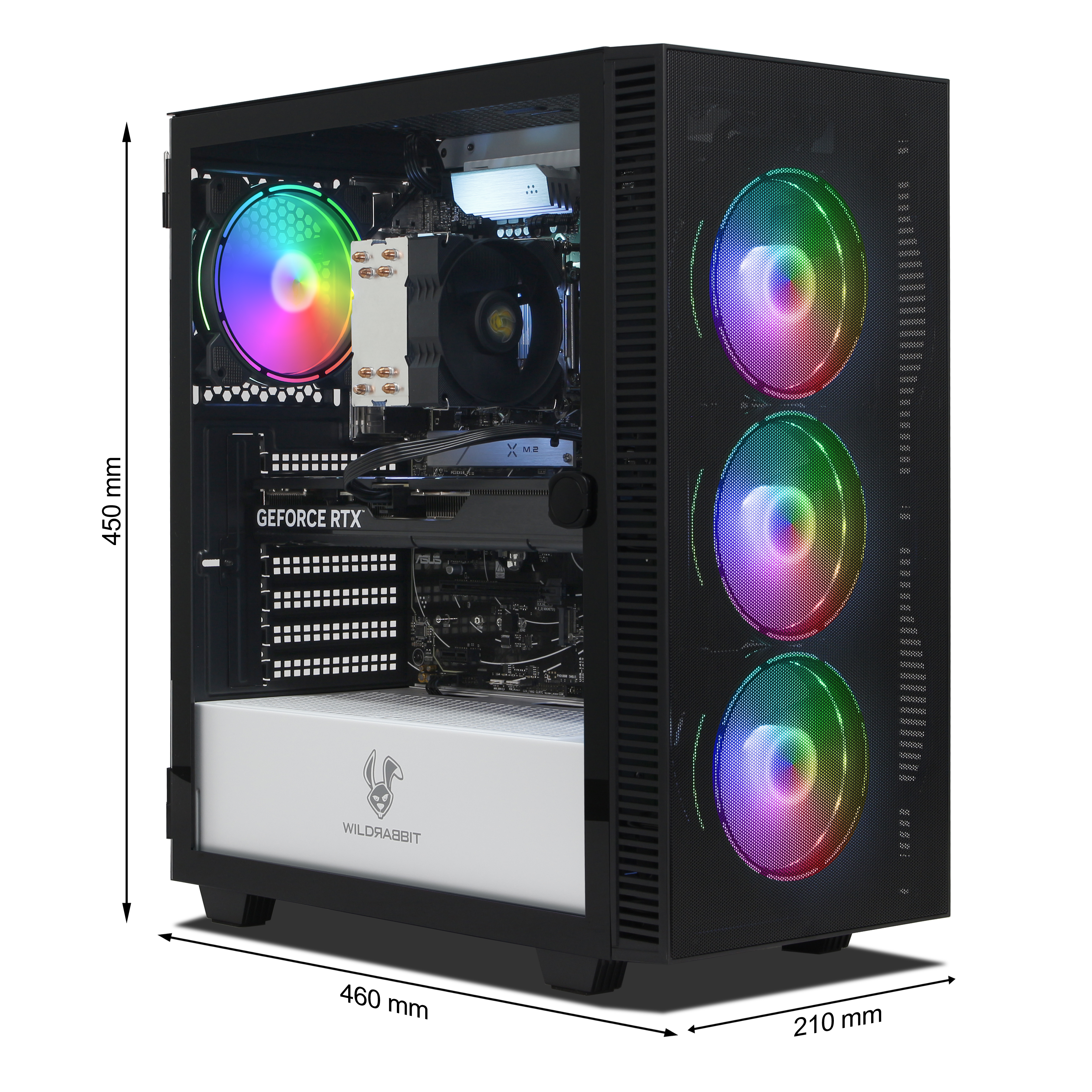 Schwarzer Gaming-PC mit RGB-Lüftern und sichtbaren Komponenten, 450x460x210 mm groß.