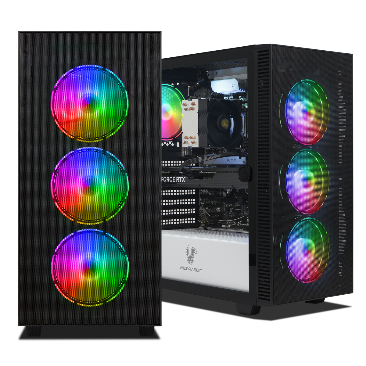 Schwarzer Gaming-PC-Turm mit RGB-Lüftern und sichtbaren Innenteilen.
