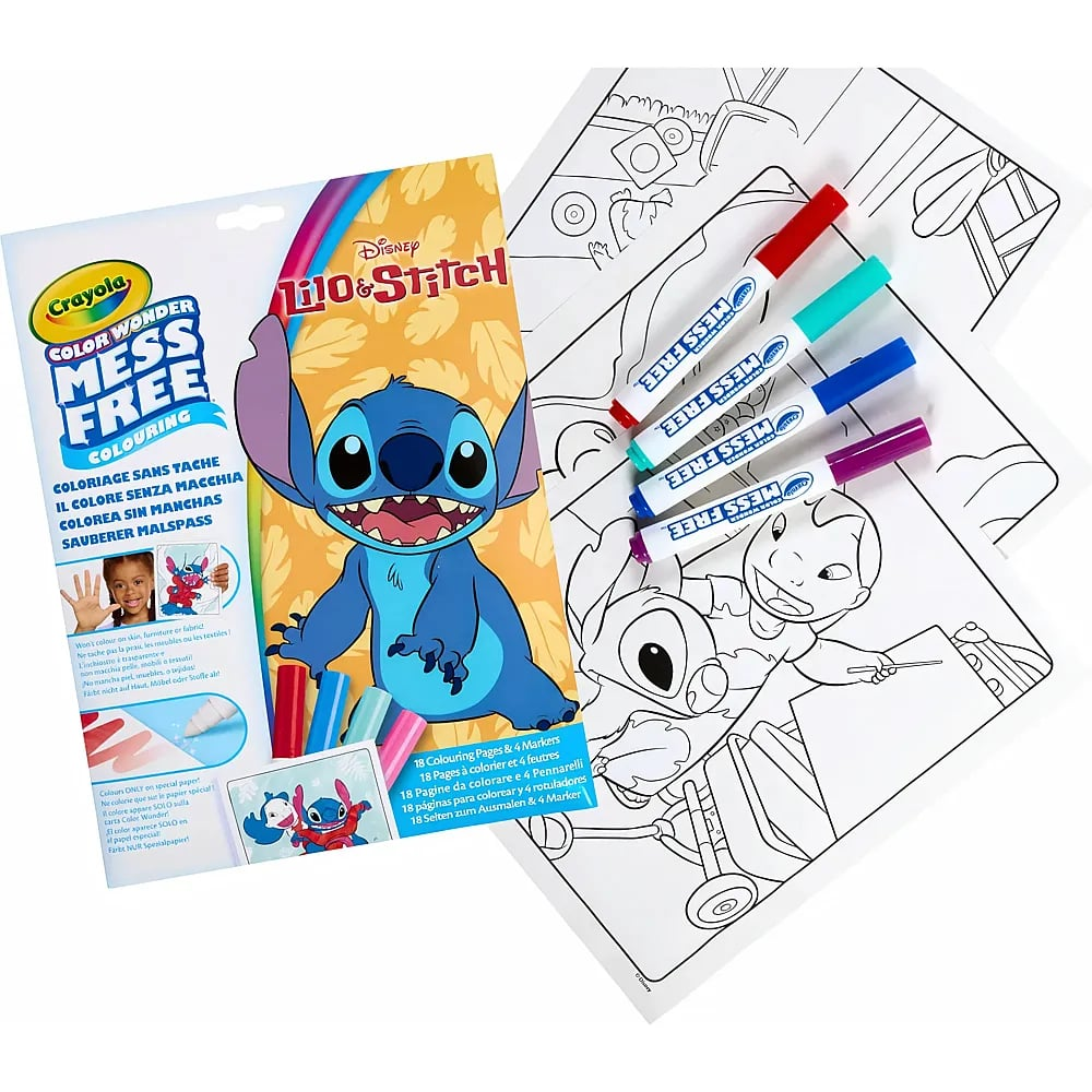 Set de colorear Crayola Lilo & Stitch sin manchas con cuatro rotuladores y páginas sobre fondo blanco.