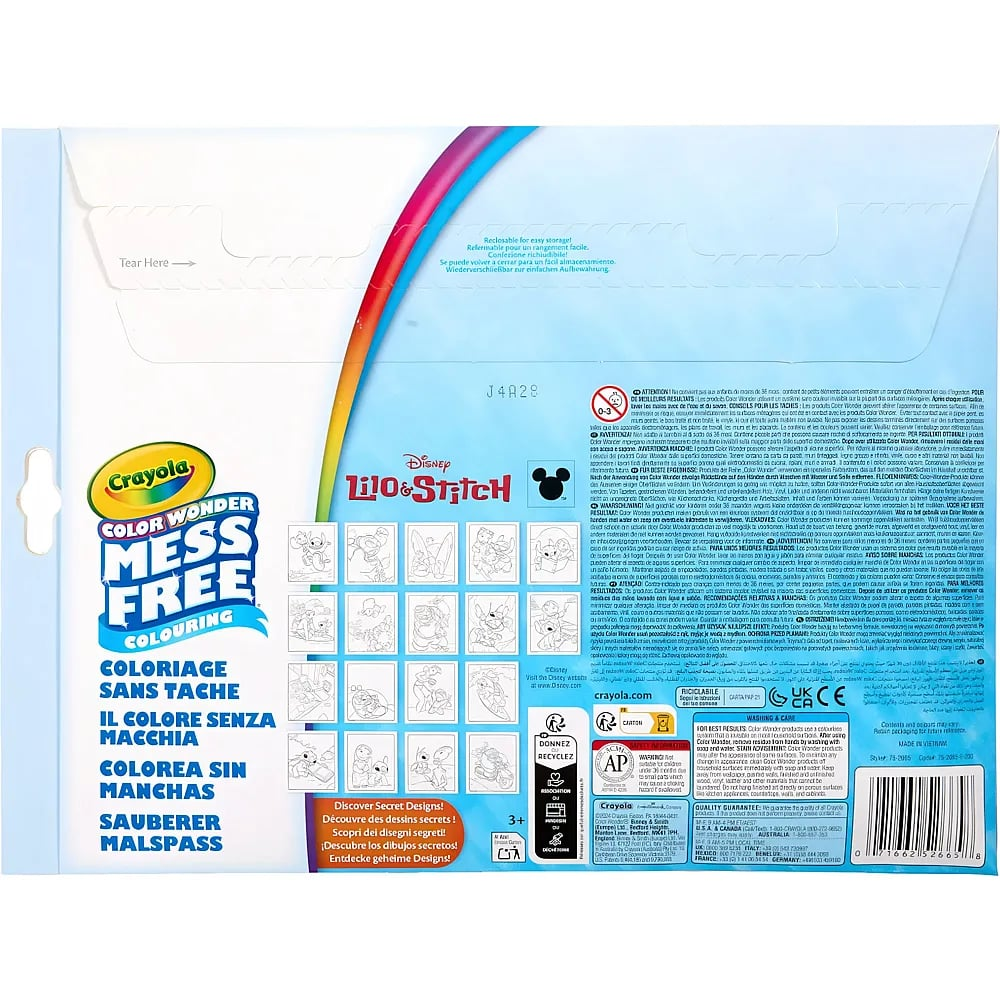 Empaque de libro para colorear Crayola Color Wonder Mess Free Disney Lilo & Stitch con logotipos y personajes.