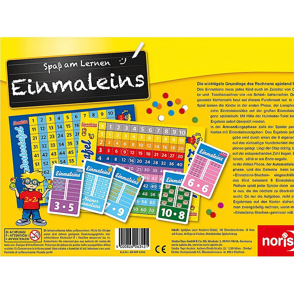 Eine bunte Mathe-Lernspielbox für Kinder mit Einmaleins-Tabellen, Karten und Chips.