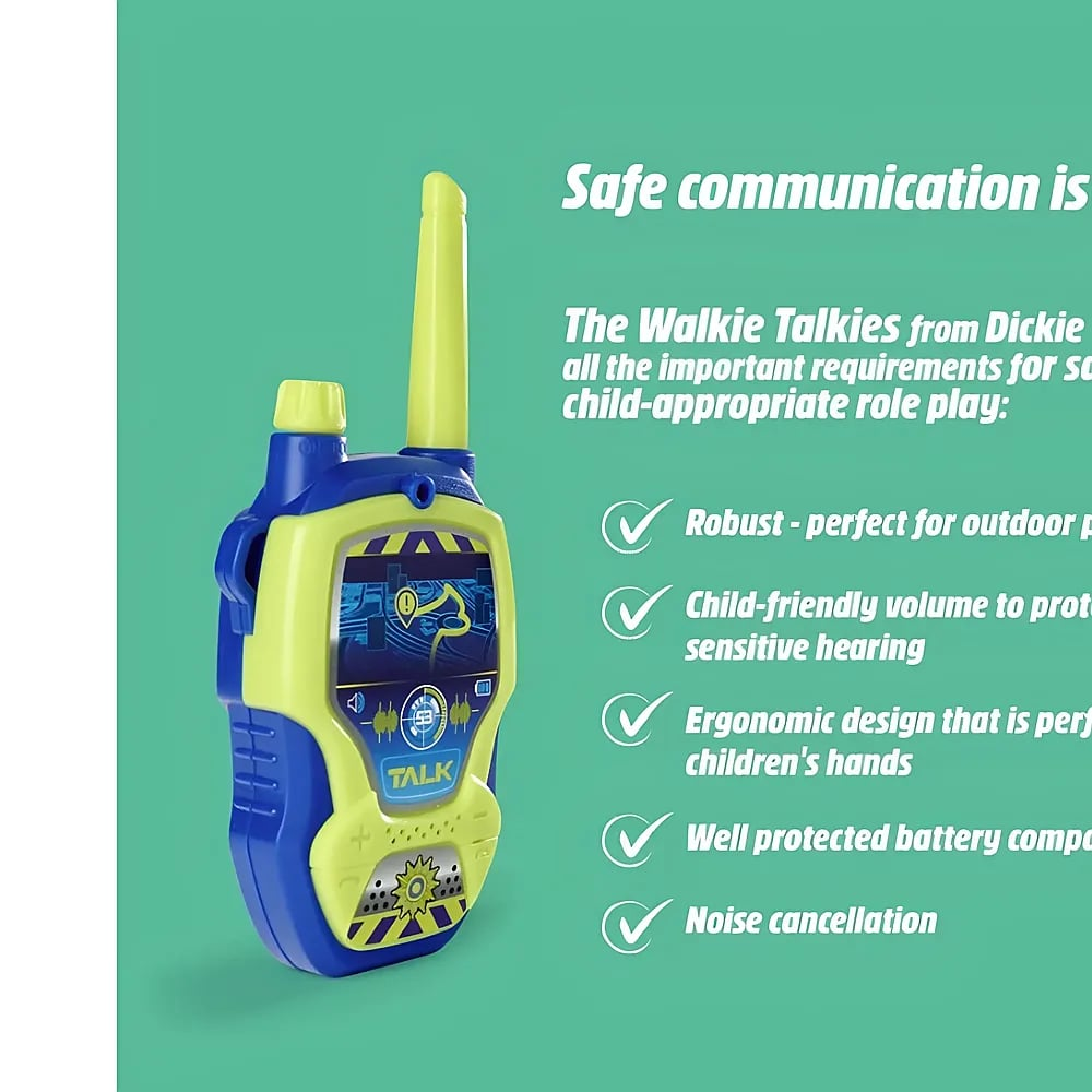 Ein blaues und gelbes Kinder-Walkie-Talkie vor grünem Hintergrund mit Text.
