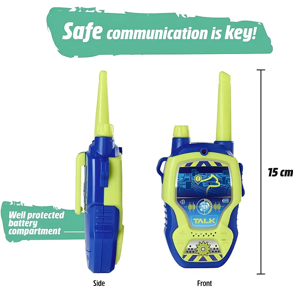 Blaue und grüne Kinder-Walkie-Talkies von vorne und der Seite, 15 cm groß, mit Batteriefach.