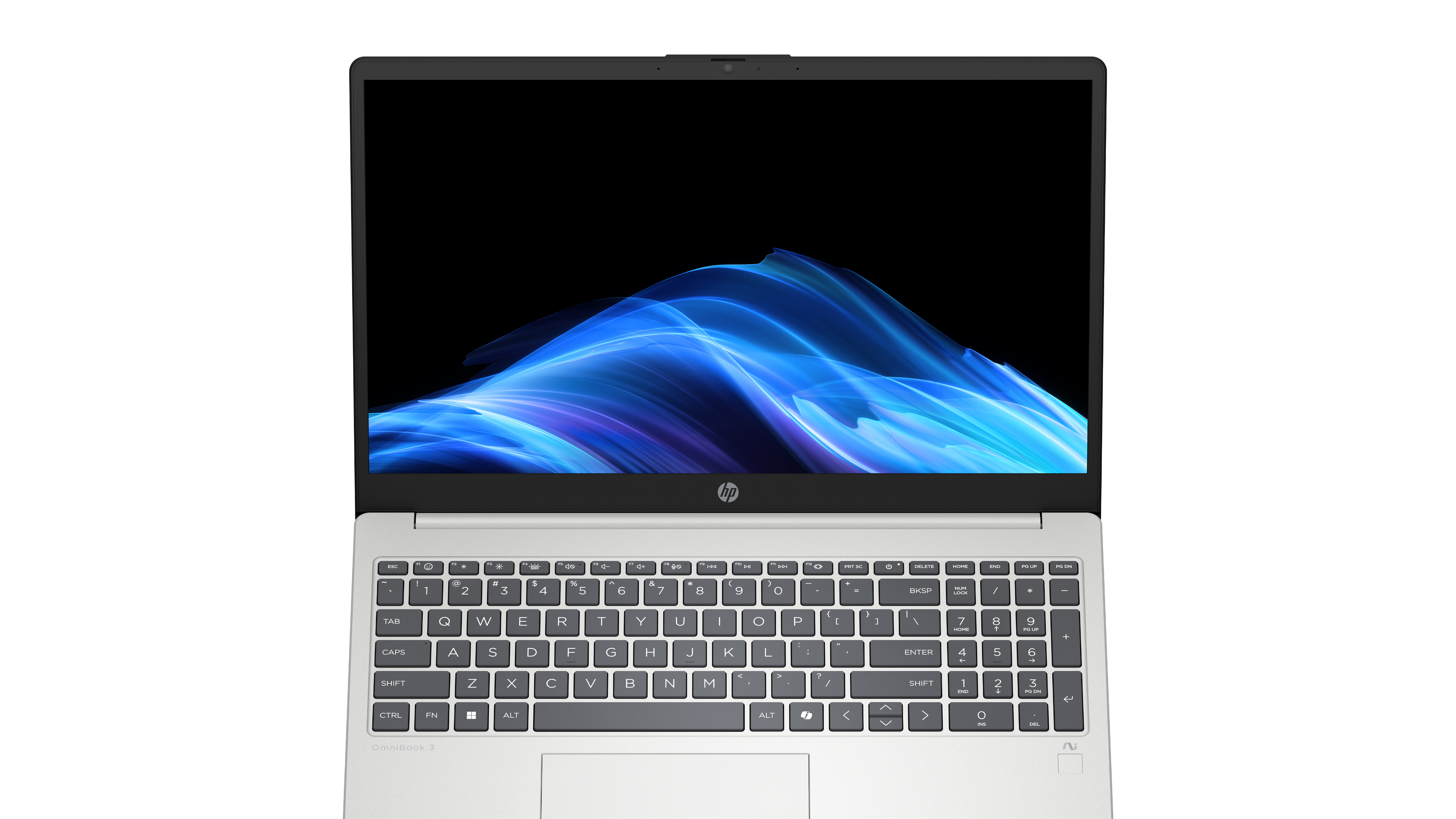 Vista frontale di un computer portatile argento con tastiera nera e sfondo a onde blu.