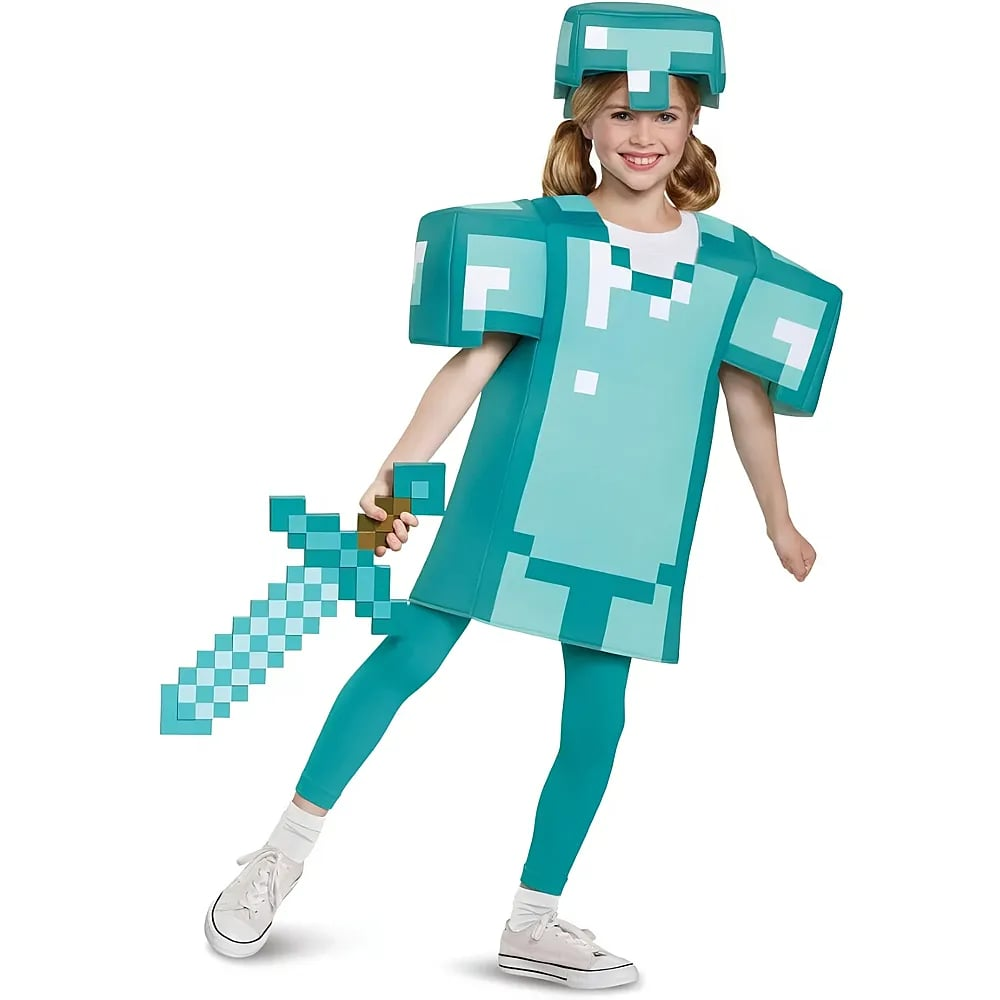 Ein Mädchen trägt ein Minecraft-Diamantenrüstungskostüm und hält ein Pixel-Schwert.