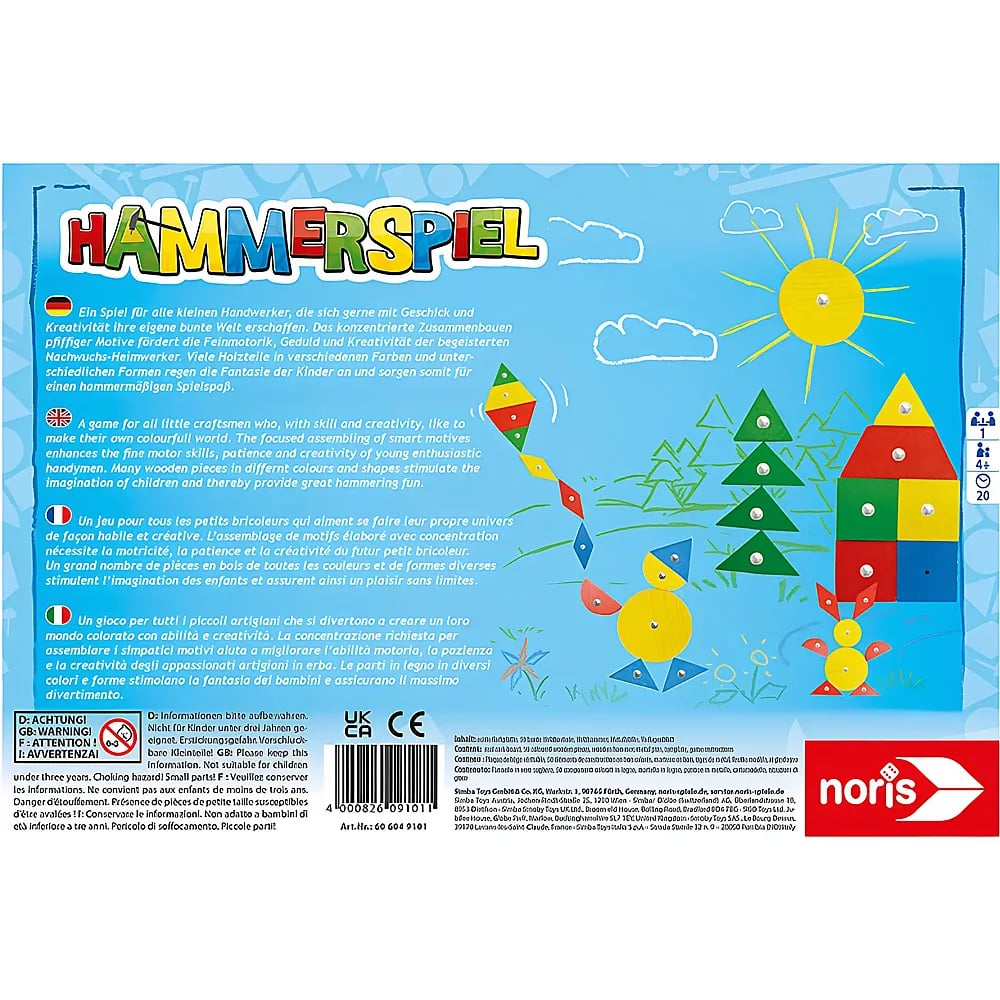Boîte de jeu de marteau Noris colorée avec des formes en bois formant des arbres, un soleil et une fusée.