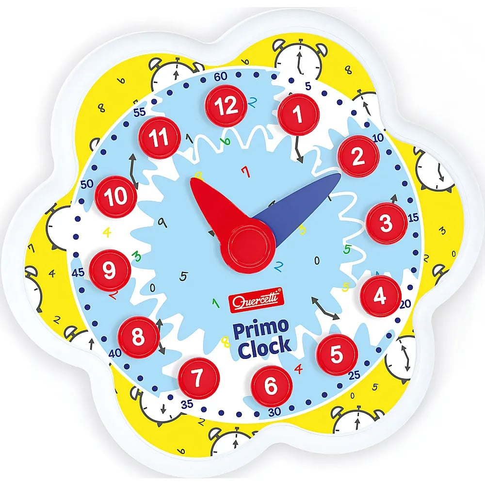 Buntes Lernspielzeug-Uhr von Quercetti mit roten Zahlenknöpfen und blauen und roten Zeigern auf gelbem und blauem Grund.