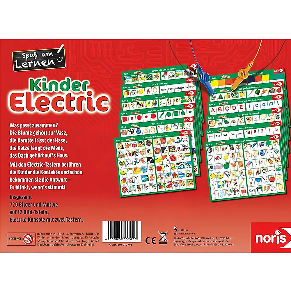 Dos d'une boîte de jeu éducatif Kinder Electric avec des cartes illustrées vertes et des câbles.