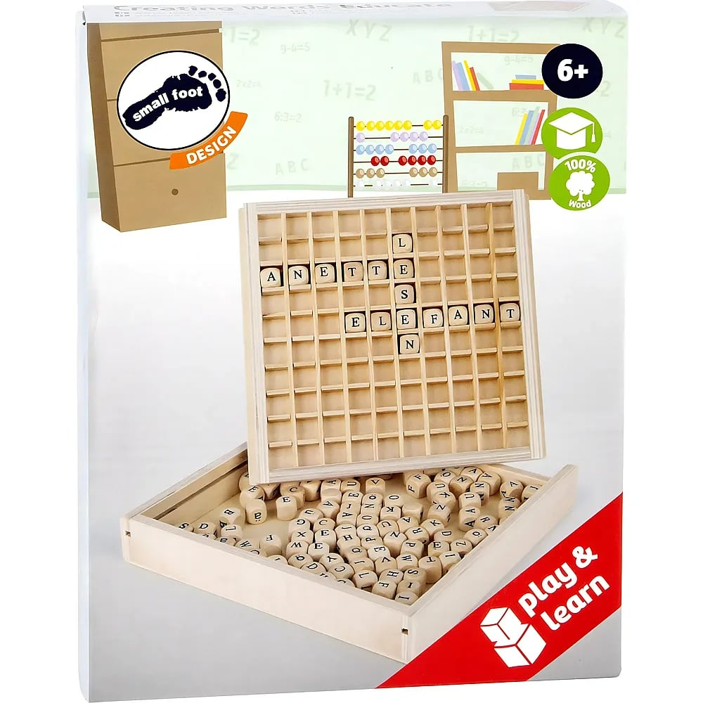 Eine hölzerne Wortspielbox mit Buchstabenplättchen auf einem Rasterbrett und Aufbewahrung vor pädagogischem Hintergrund.