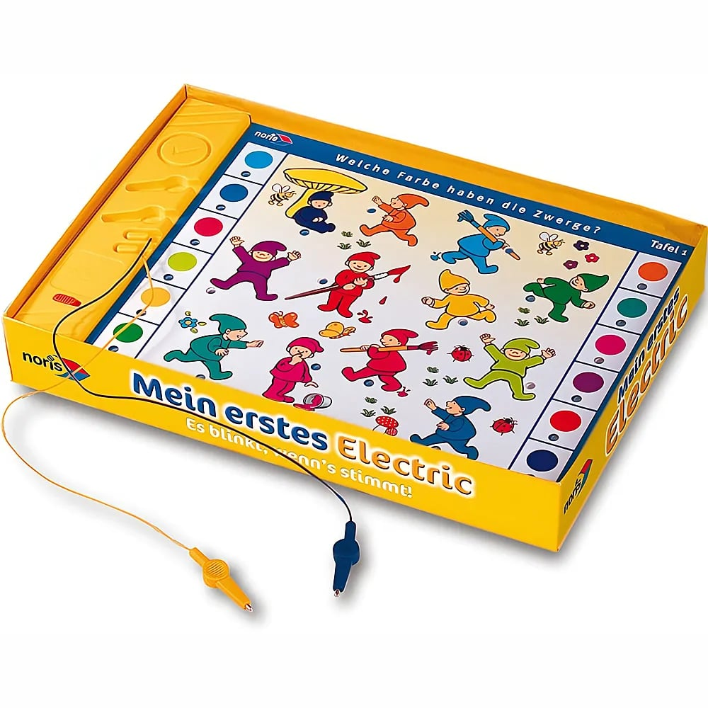 Une boîte de jeu éducatif jaune avec des gnomes colorés et des fils connectés.