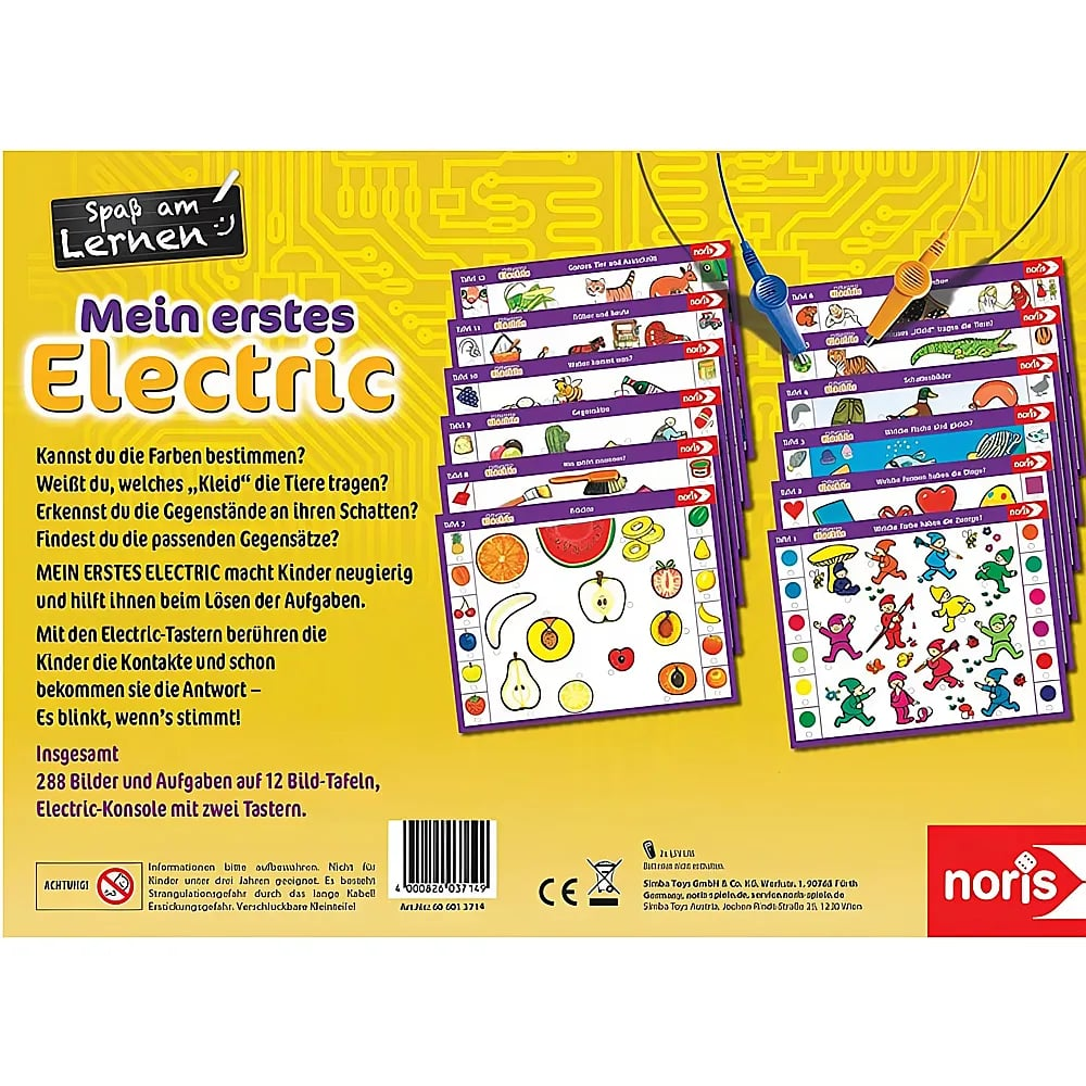 Boîte de jeu Mein erstes Electric avec des plateaux d'apprentissage colorés et deux stylets sur fond jaune.