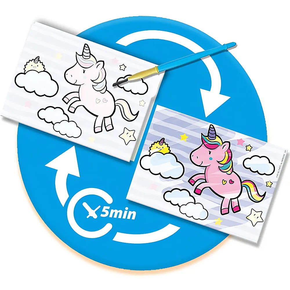 Ein Malset mit einem Einhorn-Bild und Pinsel vor einem blauen Hintergrund mit weißem Pfeil.