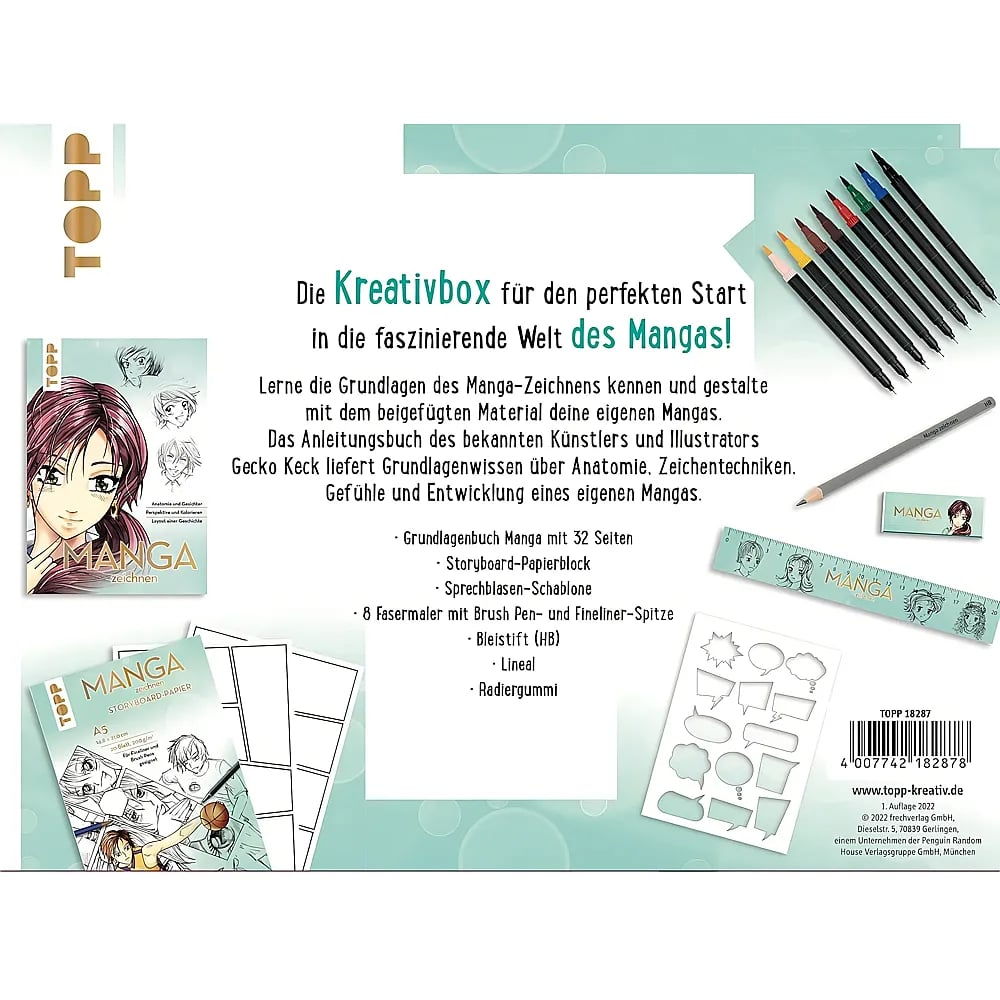 Die Kreativbox für Manga-Zeichnen mit Buch, Stiften, Papier, Schablone, Lineal und Radiergummi.