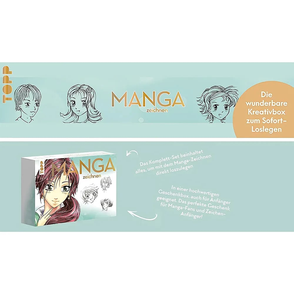 Werbebanner für eine Manga-Zeichenbox mit Skizzen, Produktbild und deutschem Text auf hellblauem Hintergrund.