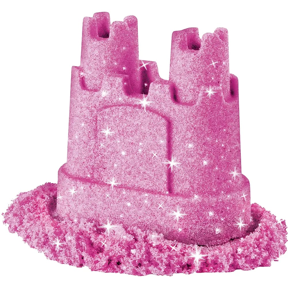 Ein funkelndes rosa Sandburgmodell mit Türmen auf einer weißen Unterlage.