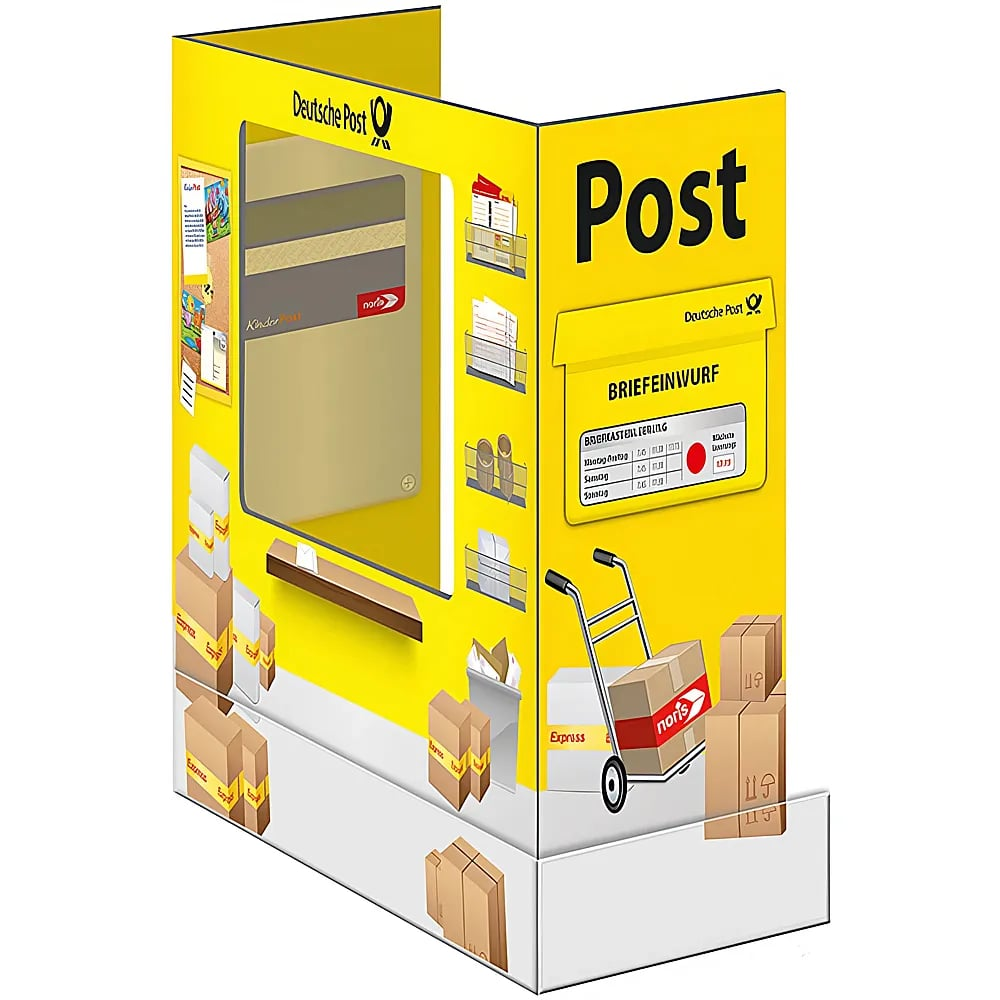 Gelber Deutsche Post Pappaufsteller mit Briefeinwurf, Paketen und Handwagen.