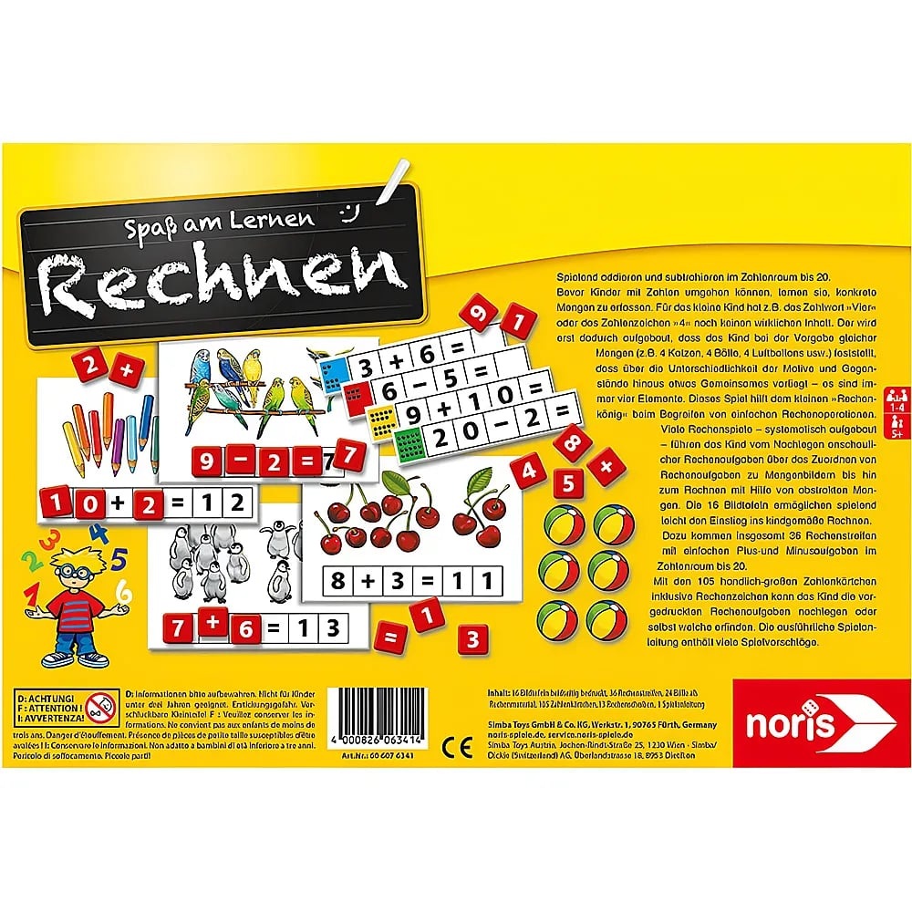 Rückseite einer Lernspielbox namens Rechnen mit bunten Zahlenkarten und Rechenbeispielen.