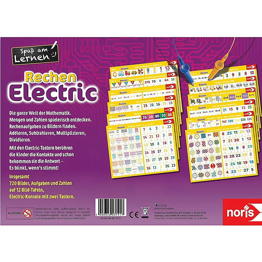 Lernspiel "Rechen Electric" von Noris mit gelben Aufgabenkarten und blauen und gelben Stiften.