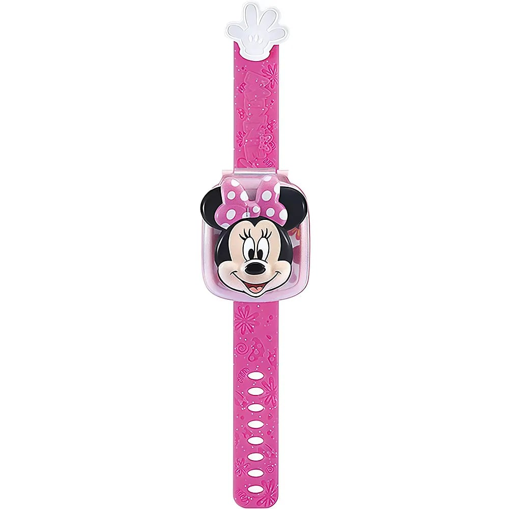 Eine rosa Minnie Maus Kinderuhr mit gemustertem Armband und weißem Handschuhverschluss vor weißem Hintergrund.