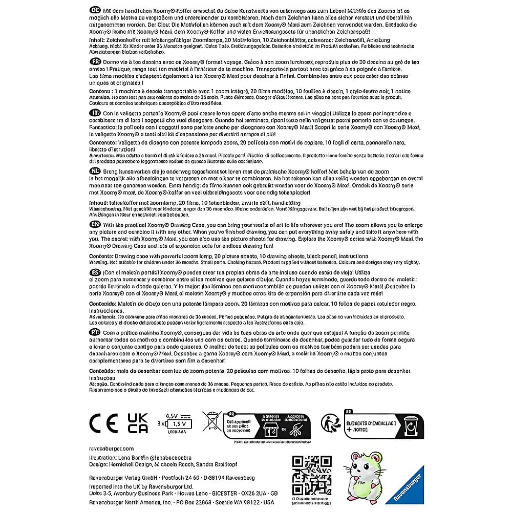 Produktbeschreibung in mehreren Sprachen und Herstellerinformationen mit CE-Kennzeichnung und Recycle-Symbolen.