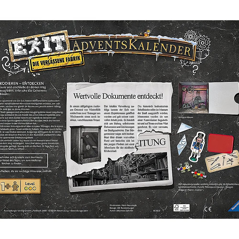 EXIT Adventskalender Box mit Texten, einem Safe, Illustrationen und geöffneter Tür mit kleinen Teilen.