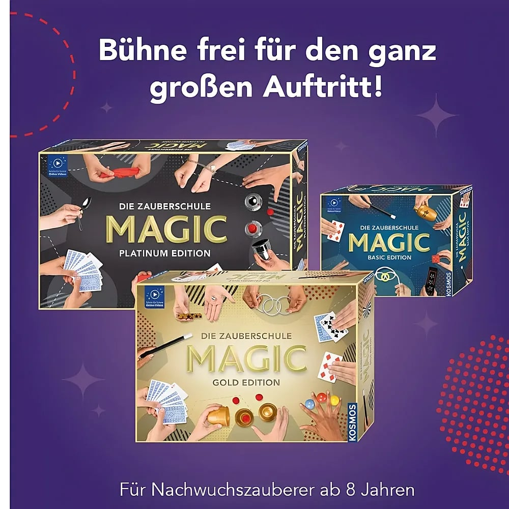 Drei Zauberkasten-Boxen für Kinder, Platin, Gold und Basic Edition, auf violettem Hintergrund.