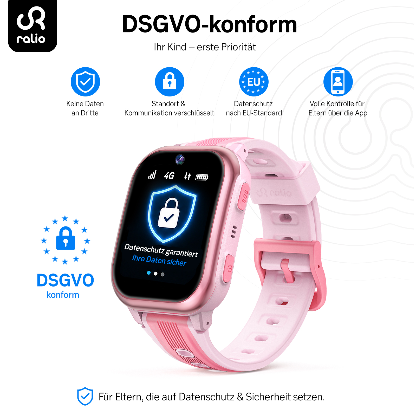 Rosa Kinder-Smartwatch mit Sicherheitsfunktionen, Symbolen und deutschem Text vor weißem Hintergrund.