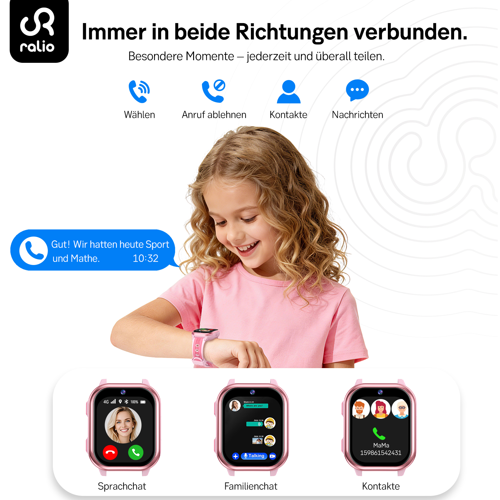 Ein blondes Mädchen in Rosa blickt lächelnd auf ihre smarte Kinderuhr.