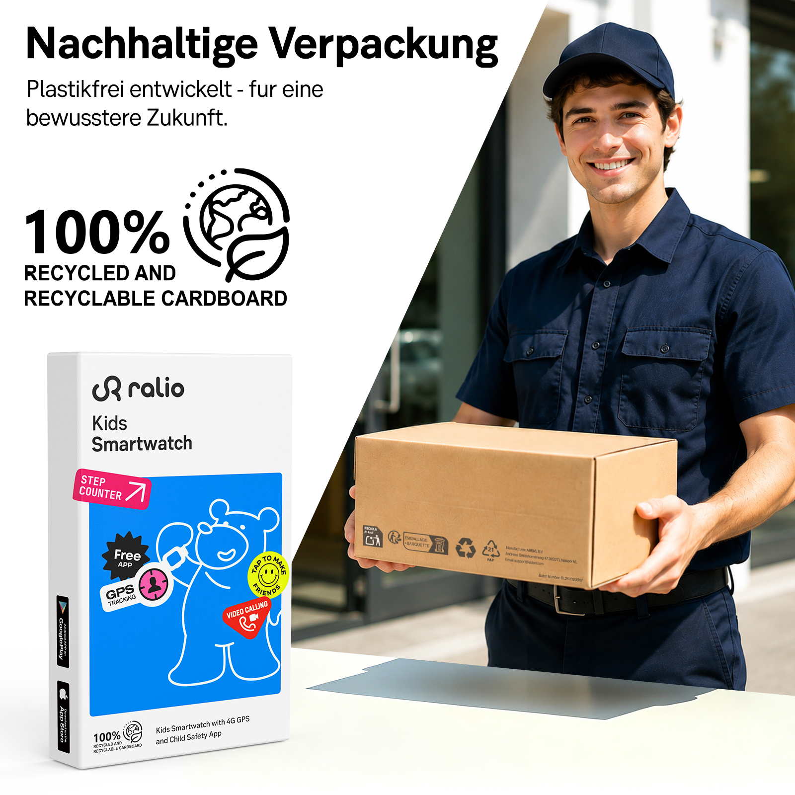 Lieferant in Blau hält Karton. Links Verpackung mit Aufschrift für recycelbare Kids Smartwatch.